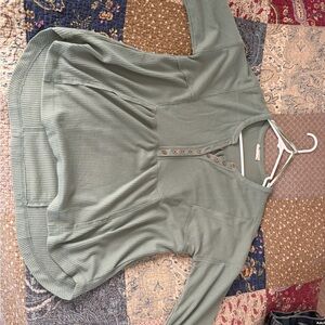 Green Button-Up Waffle Knit Top